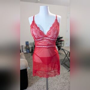 Red teddy chemise sheer lace sexy lingerie 1X with matching thong